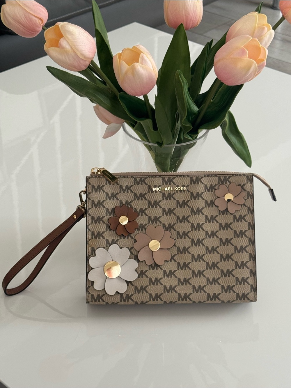 Michael Kors Brown Monogram Floral Appliqué Wristlet